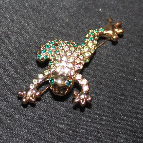 Monet Green Frog Rhinstone Brooch - Picture 2 of 14